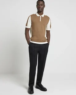 Brown slim fit colour block knitted polo