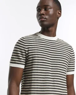 Brown slim fit stripe knitted t-shirt