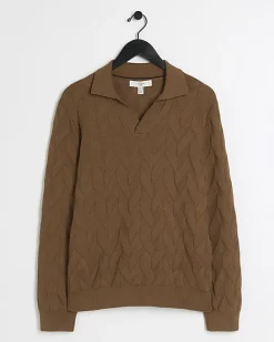 Brown slim fit textured knit long sleeve polo