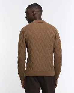 Brown slim fit textured knit long sleeve polo