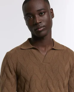 Brown slim fit textured knit long sleeve polo