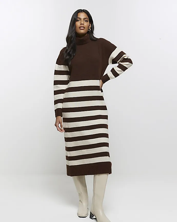 Brown stripe jumper midi dress