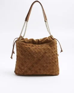 Brown suede weave slouch tote bag