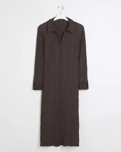 Brown Textured Midi Shirt Dress