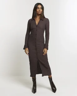 Brown Textured Midi Shirt Dress
