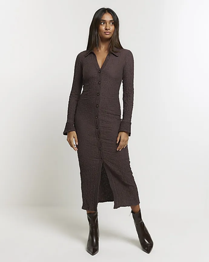 Brown Textured Midi Shirt Dress