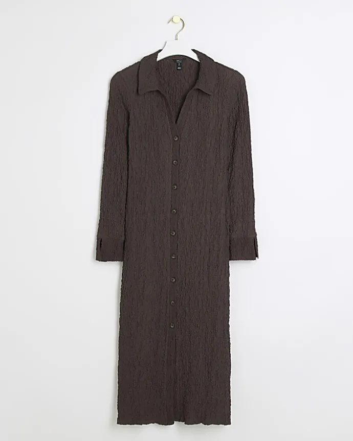 Brown Textured Midi Shirt Dress