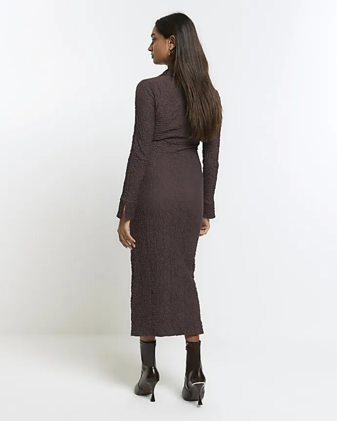 Brown Textured Midi Shirt Dress