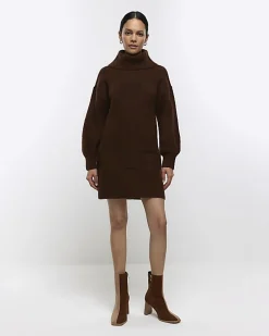 Brown textured roll neck jumper mini dress