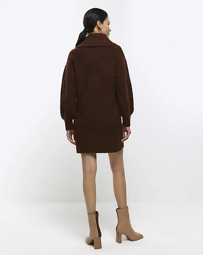 Brown textured roll neck jumper mini dress