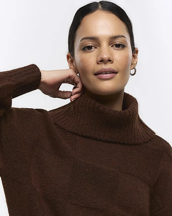 Brown textured roll neck jumper mini dress