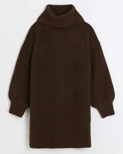 Brown textured roll neck jumper mini dress