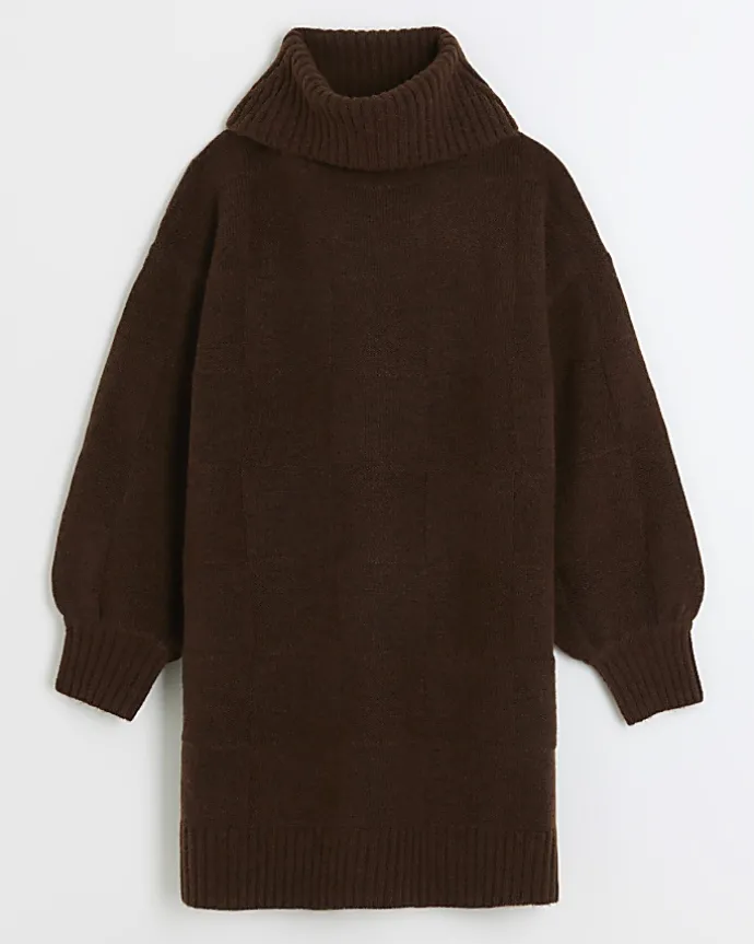 Brown textured roll neck jumper mini dress