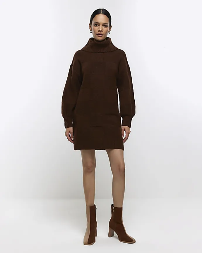 Brown textured roll neck jumper mini dress