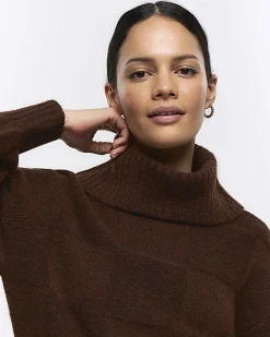 Brown textured roll neck jumper mini dress
