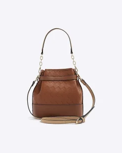 Brown weave bucket cross body bag