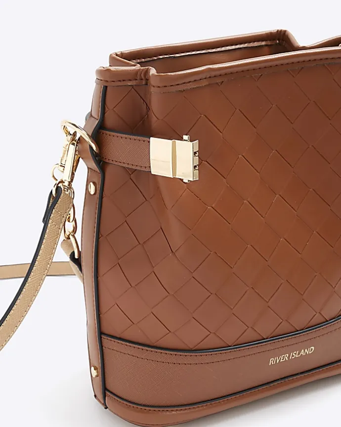 Brown weave bucket cross body bag