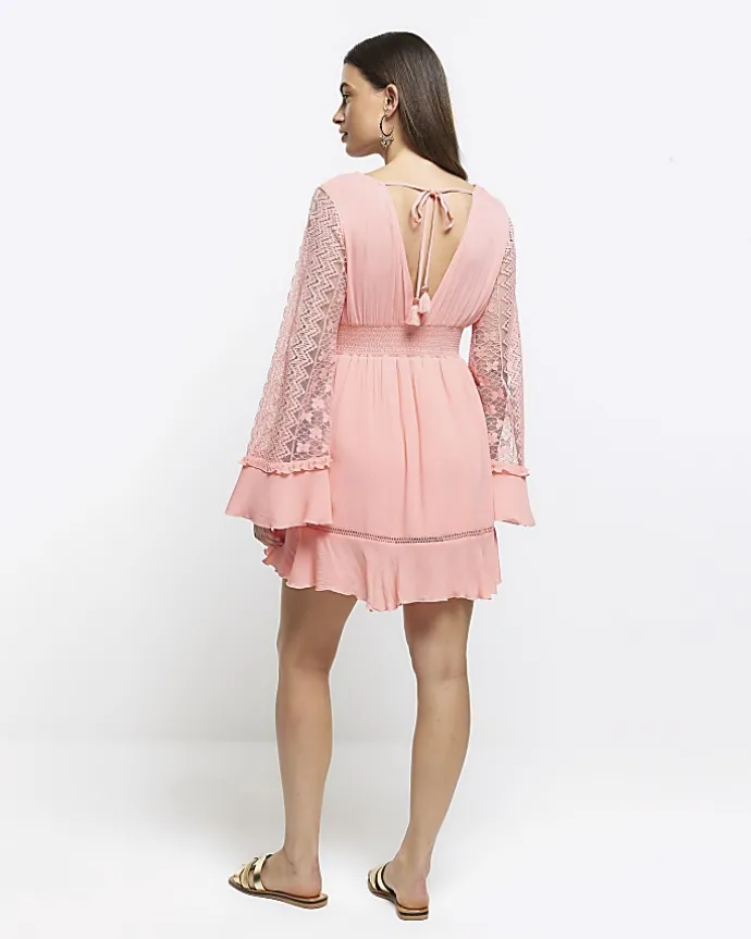 Coral broderie plunge beach mini dress