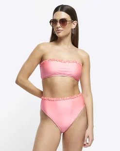 Coral frill bandeau bikini top