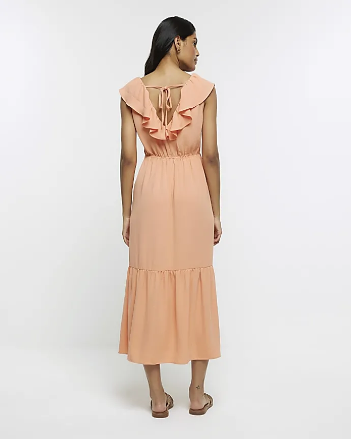 Coral frill swing maxi dress
