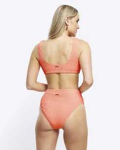 Coral high waisted crinkle bikini bottoms