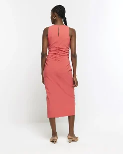 Coral ruched split bodycon midi dress