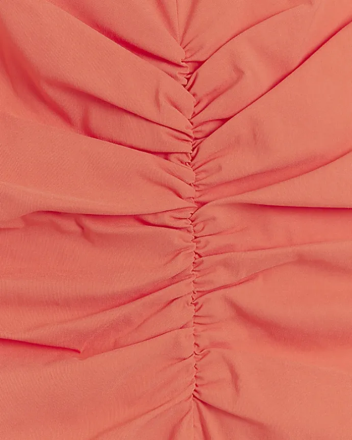 Coral ruched split bodycon midi dress