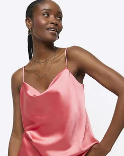 Coral satin cowl neck cami top