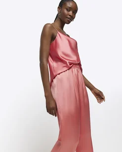 Coral satin pull on wide leg trousers
