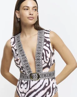 Cream abstract buckle swimsuit
