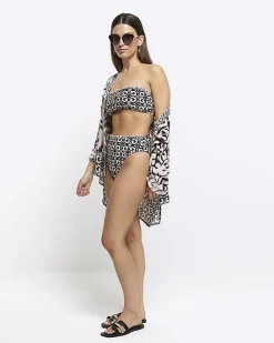 Cream abstract frill bandeau bikini top