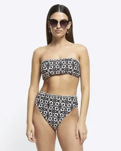 Cream abstract frill bandeau bikini top