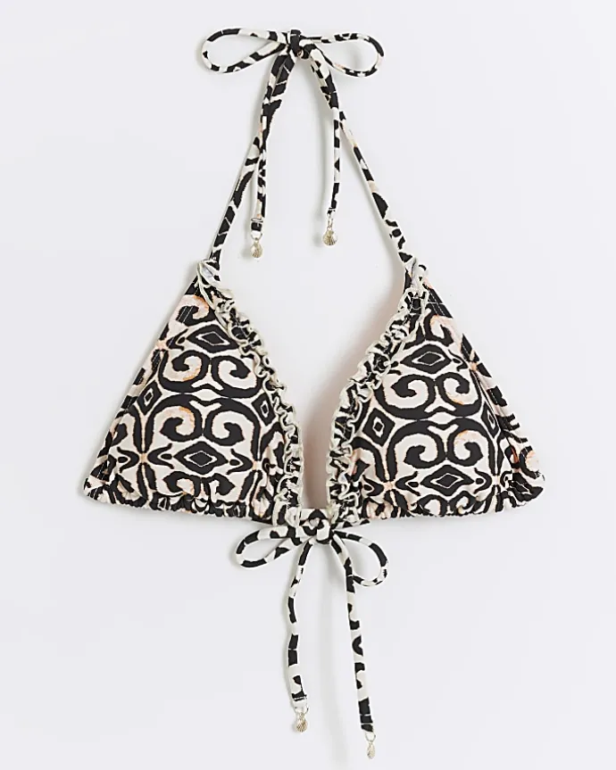 Cream abstract frill triangle bikini top