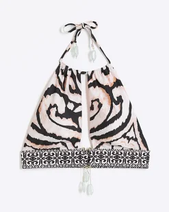 Cream abstract halter bikini top