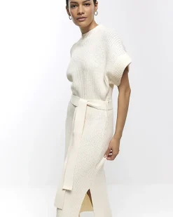 Cream belted high neck jumper midi dress