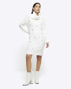 Cream cable knit pearl jumper mini dress