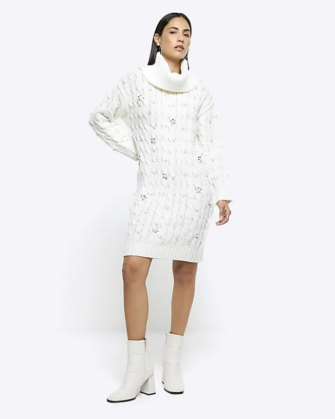 Cream cable knit pearl jumper mini dress