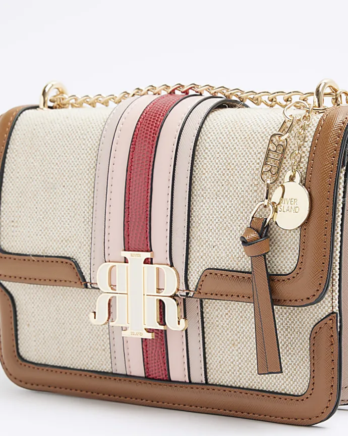Cream canvas stripe chain cross body bag