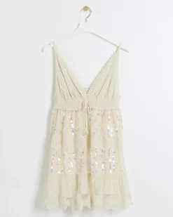 Cream crochet sequin beach mini dress