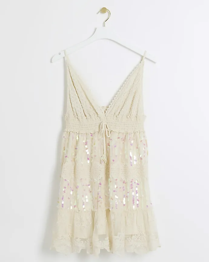 Cream crochet sequin beach mini dress