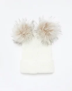 Cream double pom pom beanie
