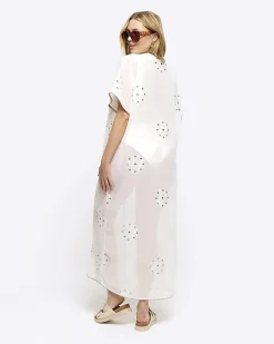 Cream embellished longline kaftan