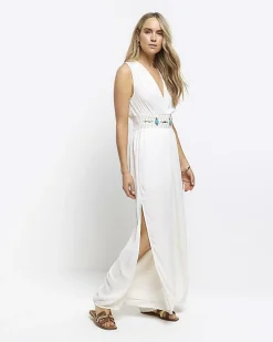Cream embellished plunge jumpsuit