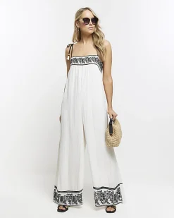 Cream embroidered bandeau jumpsuit