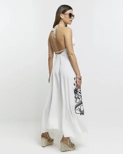 Cream embroidered plunge beach maxi dress