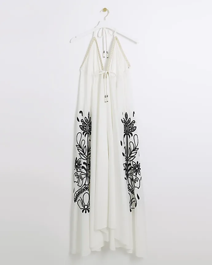 Cream embroidered plunge beach maxi dress