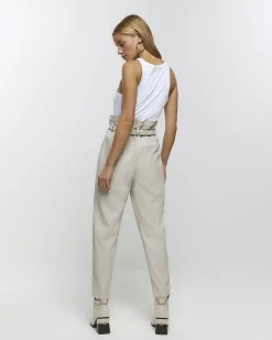 Cream faux leather paperbag trousers