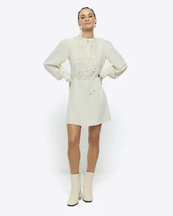 Cream floral tie waist shift mini dress