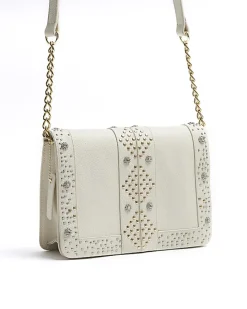 Cream leather studded cross body bag