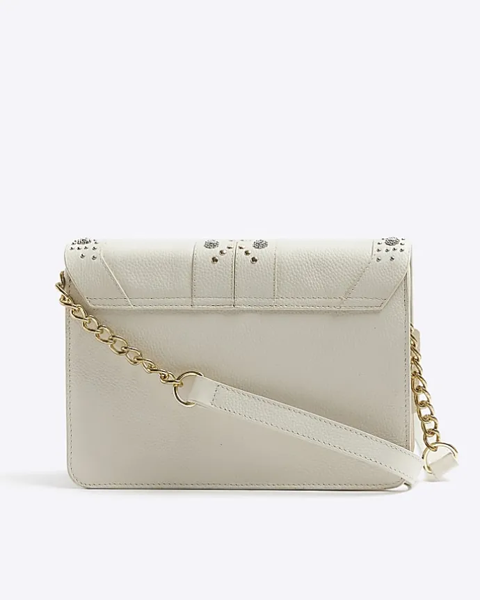 Cream leather studded cross body bag